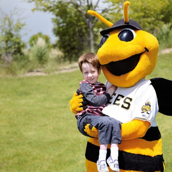 Bees mascot holding hero kid