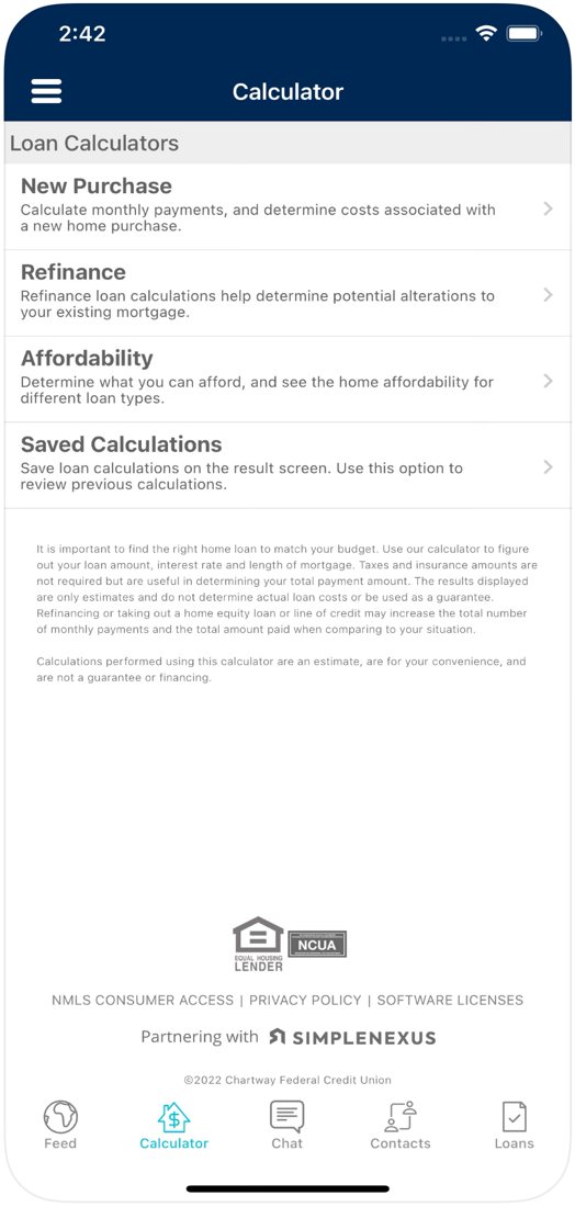 Mortgage Express App loan calculators screen
